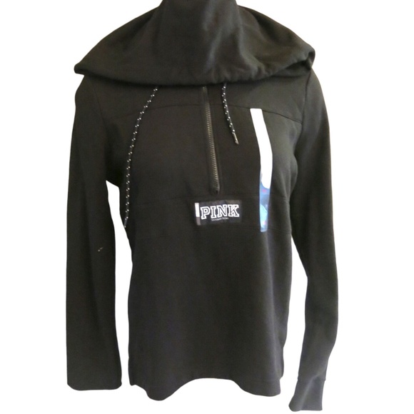 Victoria's Secret PINK Black w/ White Logo Anorak Campus Pullover Hoodie S - Picture 2 of 2